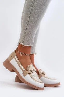 Loafersy Damskie|Półbuty Skórzane></noscript>Maciejka Skórzane Mokasyny Półbuty Damskie 06493-11 Biało-Beżowe Biały