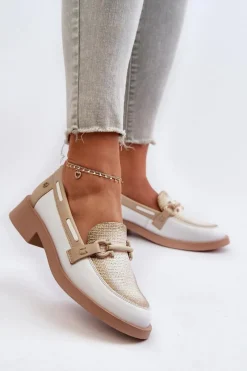 Loafersy Damskie|Półbuty Skórzane></noscript>Maciejka Skórzane Mokasyny Półbuty Damskie 06493-11 Biało-Beżowe Biały