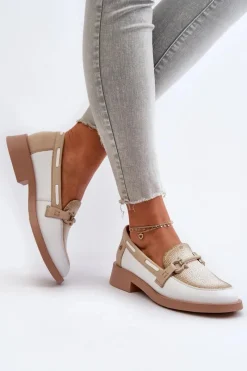 Loafersy Damskie|Półbuty Skórzane></noscript>Maciejka Skórzane Mokasyny Półbuty Damskie 06493-11 Biało-Beżowe Biały