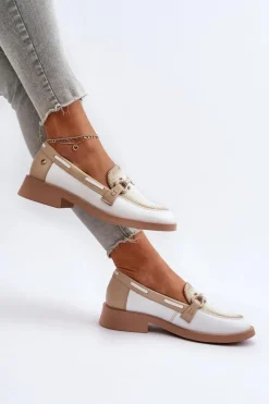 Loafersy Damskie|Półbuty Skórzane></noscript>Maciejka Skórzane Mokasyny Półbuty Damskie 06493-11 Biało-Beżowe Biały