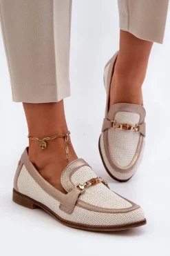 Online Skórzane Mokasyny Z Ozdobą Złote 06442-25 Złote Damskie Loafersy Damskie|Półbuty Skórzane