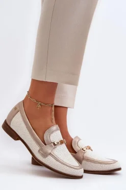 Online Skórzane Mokasyny Z Ozdobą Złote 06442-25 Złote Damskie Loafersy Damskie|Półbuty Skórzane