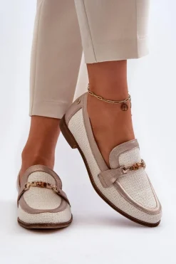 Online Skórzane Mokasyny Z Ozdobą Złote 06442-25 Złote Damskie Loafersy Damskie|Półbuty Skórzane