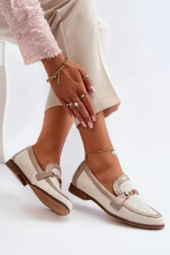 Online Skórzane Mokasyny Z Ozdobą Złote 06442-25 Złote Damskie Loafersy Damskie|Półbuty Skórzane