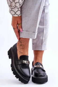 Clearance Skórzane Mokasyny Z Ozdobą Na Platformie Czarne Glory Damskie Mokasyny Damskie Skórzane|Mokasyny Na Platformie