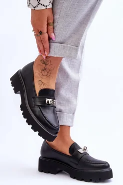 Clearance Skórzane Mokasyny Z Ozdobą Na Platformie Czarne Glory Damskie Mokasyny Damskie Skórzane|Mokasyny Na Platformie
