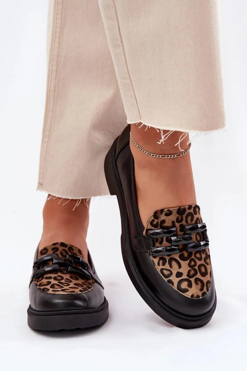 New Skórzane Mokasyny Z Ozdobą I Panterką 2965 Czarne Damskie Loafersy Damskie|Mokasyny Płaskie