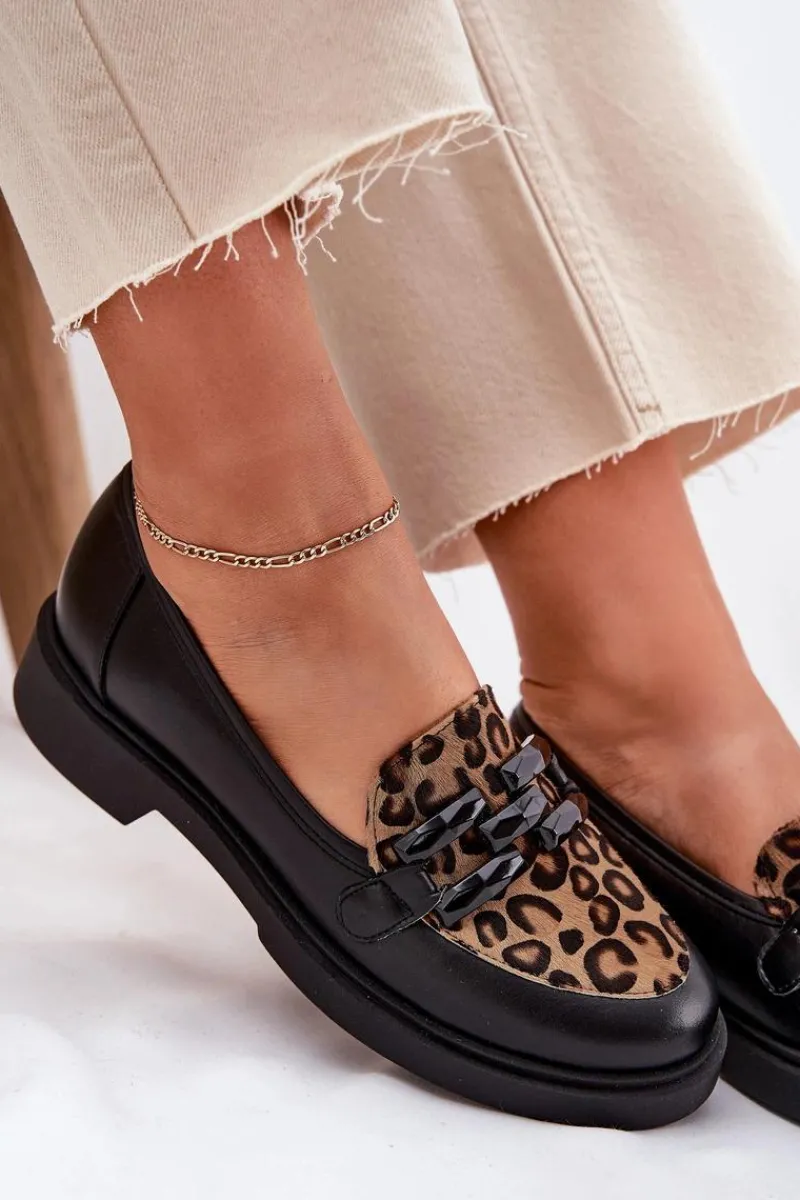 New Skórzane Mokasyny Z Ozdobą I Panterką 2965 Czarne Damskie Loafersy Damskie|Mokasyny Płaskie