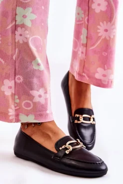 Online Skórzane Mokasyny Z Ozdobą Czarne Millario Damskie Mokasyny Damskie Skórzane