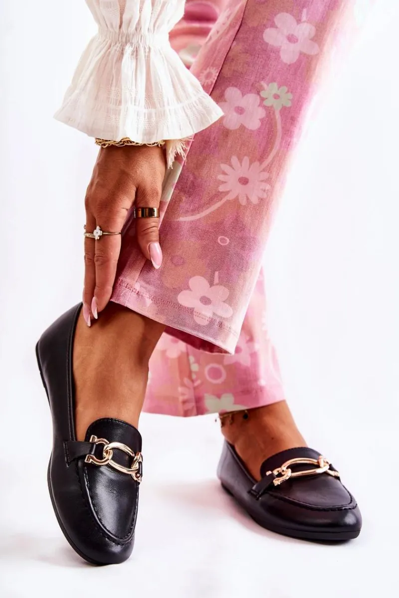 Online Skórzane Mokasyny Z Ozdobą Czarne Millario Damskie Mokasyny Damskie Skórzane