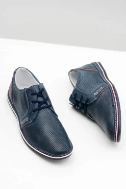 Clearance Boto Skórzane Męskie Sznurowane Granatowe Ażurowe Półbuty Markos