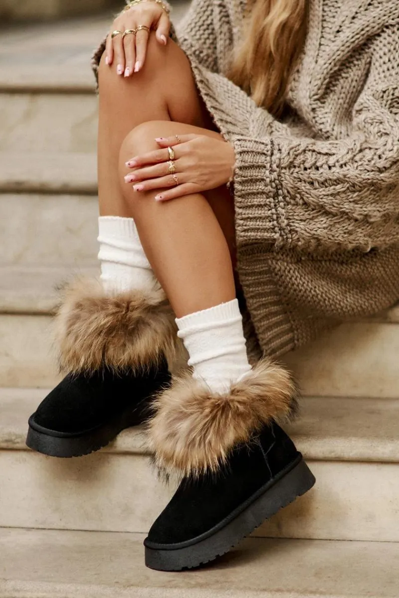 Śniegowce Damskie>Boto Skórzane Śniegowce Na Platformie Z Futerkiem Czarne Avirisa Czarny