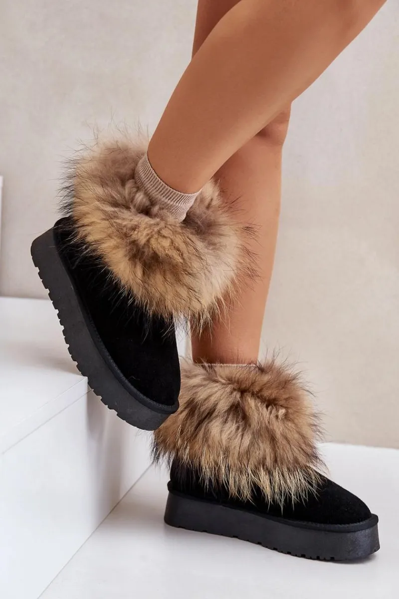 Śniegowce Damskie>Boto Skórzane Śniegowce Na Platformie Z Futerkiem Czarne Avirisa Czarny