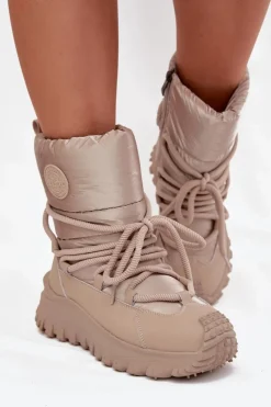 Śniegowce Damskie>Lee Cooper Skórzane Śniegowce Na Platformie LCJ-25-12-3663 Beżowo-Złote