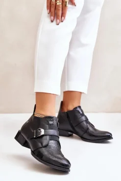 Botki Maciejka|Botki Sznurowane>Maciejka Skórzane Niskie Botki Na Zamek 06692-01 Czarne