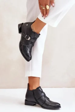 Botki Maciejka|Botki Sznurowane></noscript>Maciejka Skórzane Niskie Botki Na Zamek 06692-01 Czarne