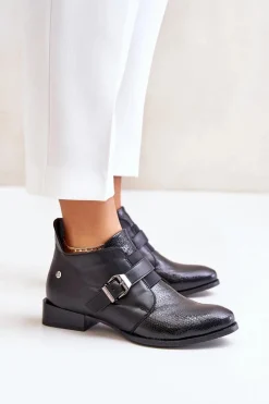 Botki Maciejka|Botki Sznurowane></noscript>Maciejka Skórzane Niskie Botki Na Zamek 06692-01 Czarne