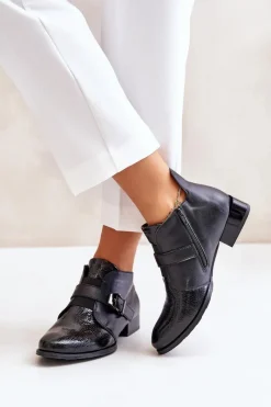 Botki Maciejka|Botki Sznurowane></noscript>Maciejka Skórzane Niskie Botki Na Zamek 06692-01 Czarne