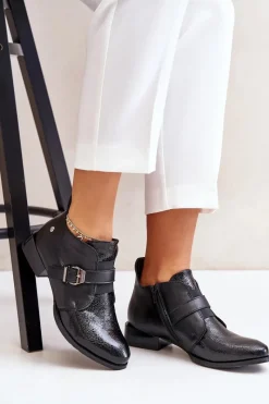 Botki Maciejka|Botki Sznurowane></noscript>Maciejka Skórzane Niskie Botki Na Zamek 06692-01 Czarne