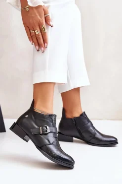 Botki Maciejka|Botki Sznurowane></noscript>Maciejka Skórzane Niskie Botki Na Zamek 06692-01 Czarne