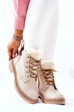 Skórzane Ocieplane Botki Beżowe Khaleni Damskie Damskie Trapery|Botki Sznurowane