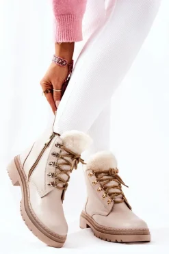 Skórzane Ocieplane Botki Beżowe Khaleni Damskie Damskie Trapery|Botki Sznurowane