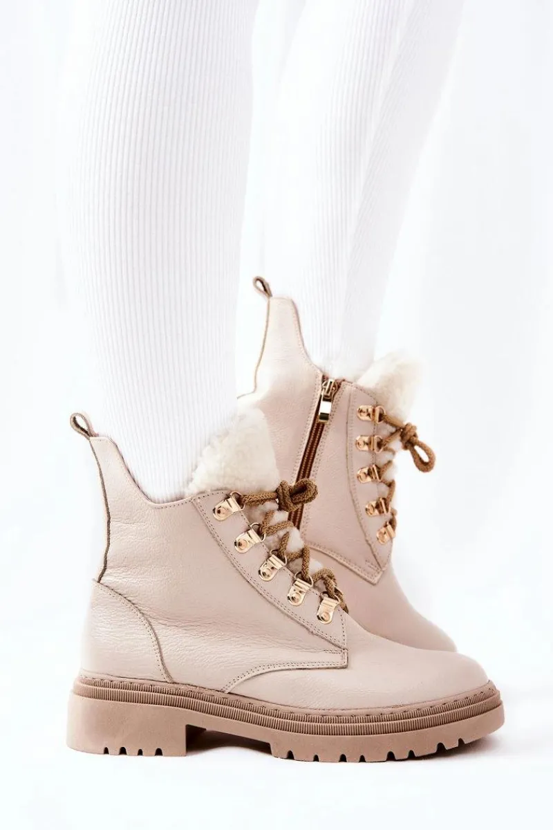 Skórzane Ocieplane Botki Beżowe Khaleni Damskie Damskie Trapery|Botki Sznurowane