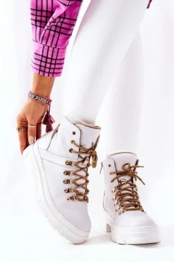 Best Skórzane Ocieplane Botki Biało-Beżowe Brescia Damskie Botki Skórzane|Botki Sznurowane