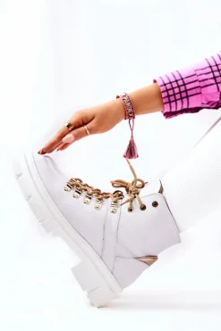 Best Skórzane Ocieplane Botki Biało-Beżowe Brescia Damskie Botki Skórzane|Botki Sznurowane