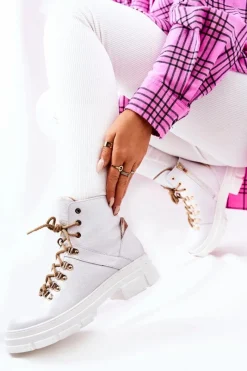 Best Skórzane Ocieplane Botki Biało-Beżowe Brescia Damskie Botki Skórzane|Botki Sznurowane