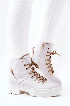 Best Skórzane Ocieplane Botki Biało-Beżowe Brescia Damskie Botki Skórzane|Botki Sznurowane