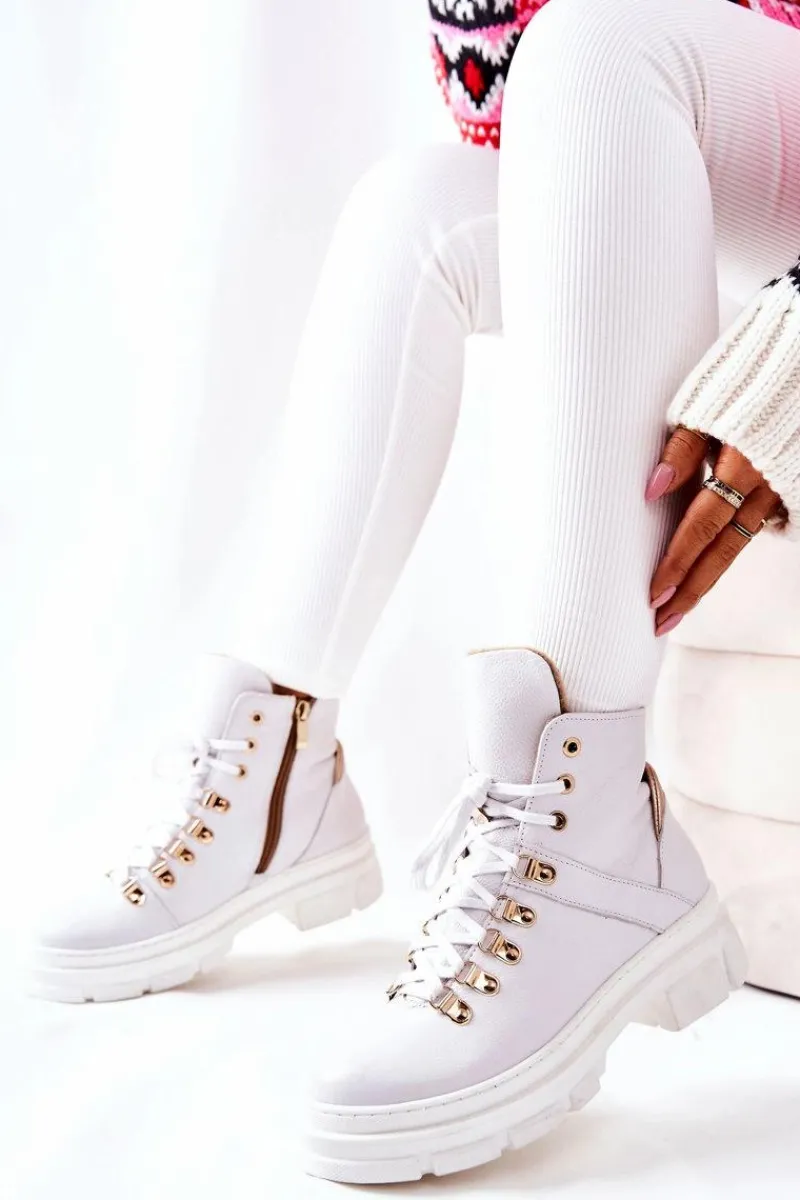 Hot Skórzane Ocieplane Botki Białe Brescia Damskie Botki Sznurowane|Botki Płaskie