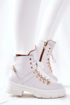 Hot Skórzane Ocieplane Botki Białe Brescia Damskie Botki Sznurowane|Botki Płaskie