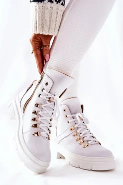Hot Skórzane Ocieplane Botki Białe Brescia Damskie Botki Sznurowane|Botki Płaskie