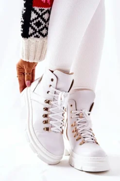 Hot Skórzane Ocieplane Botki Białe Brescia Damskie Botki Sznurowane|Botki Płaskie