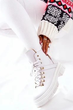 Hot Skórzane Ocieplane Botki Białe Brescia Damskie Botki Sznurowane|Botki Płaskie