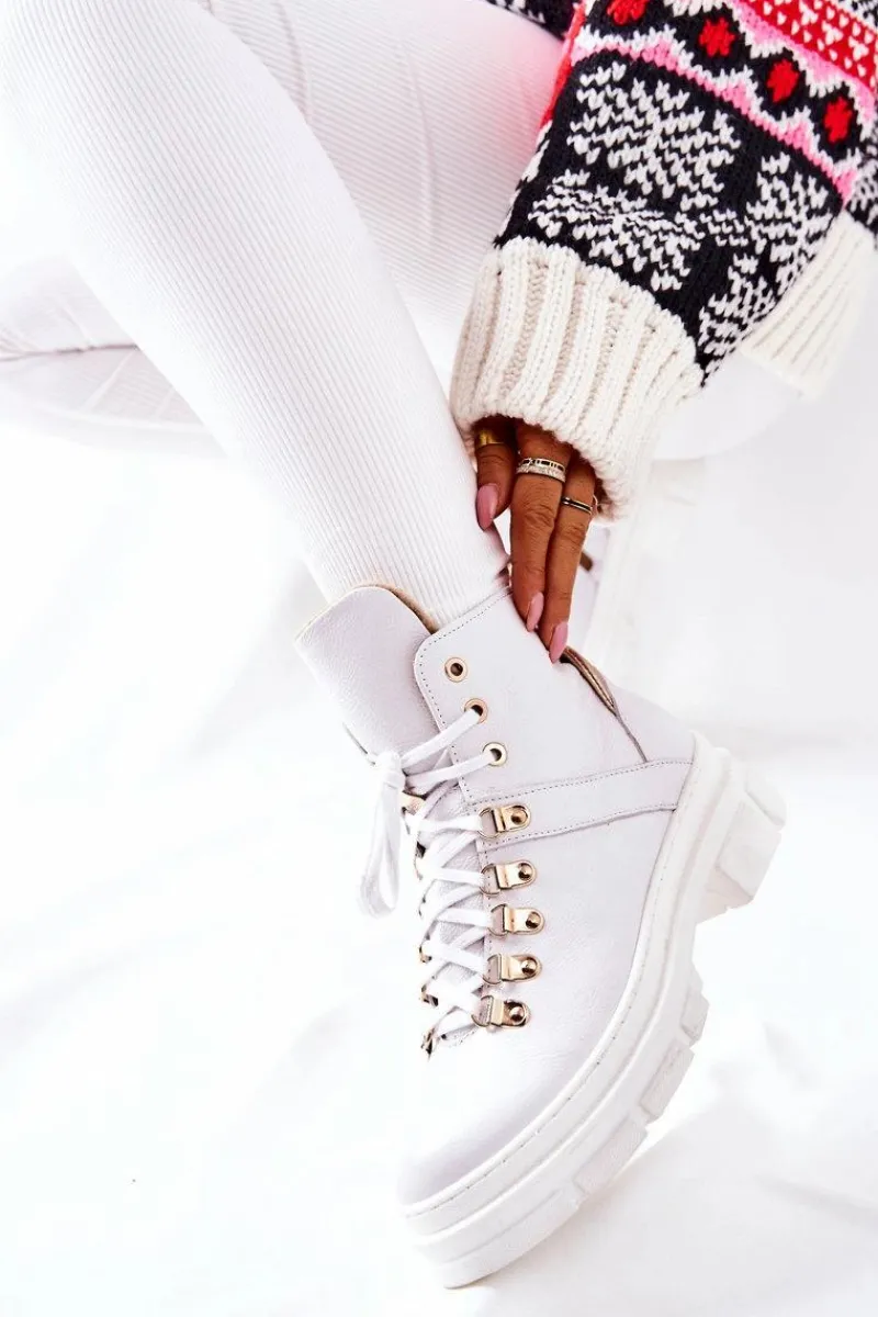 Hot Skórzane Ocieplane Botki Białe Brescia Damskie Botki Sznurowane|Botki Płaskie