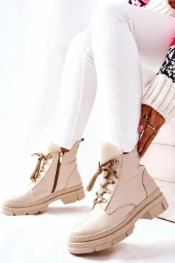 Clearance Boto Skórzane Ocieplane Botki Beżowe Molissa