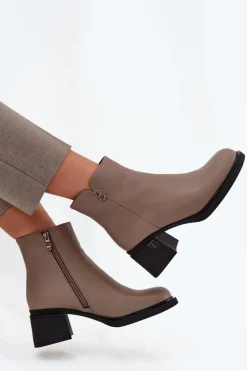 Clearance Skórzane Ocieplane Botki Damskie Na Klocku Vinceza 91159 Ciemnobeżowe Damskie Botki Ocieplane|Botki Skórzane