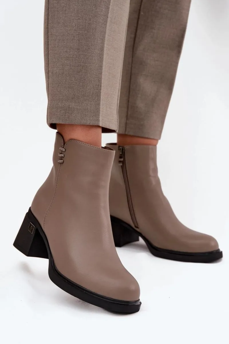 Clearance Skórzane Ocieplane Botki Damskie Na Klocku Vinceza 91159 Ciemnobeżowe Damskie Botki Ocieplane|Botki Skórzane