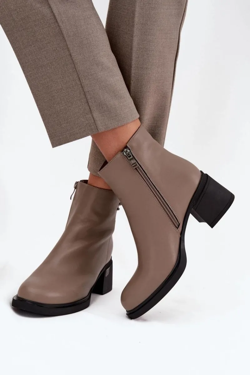 Clearance Skórzane Ocieplane Botki Damskie Na Klocku Vinceza 91159 Ciemnobeżowe Damskie Botki Ocieplane|Botki Skórzane