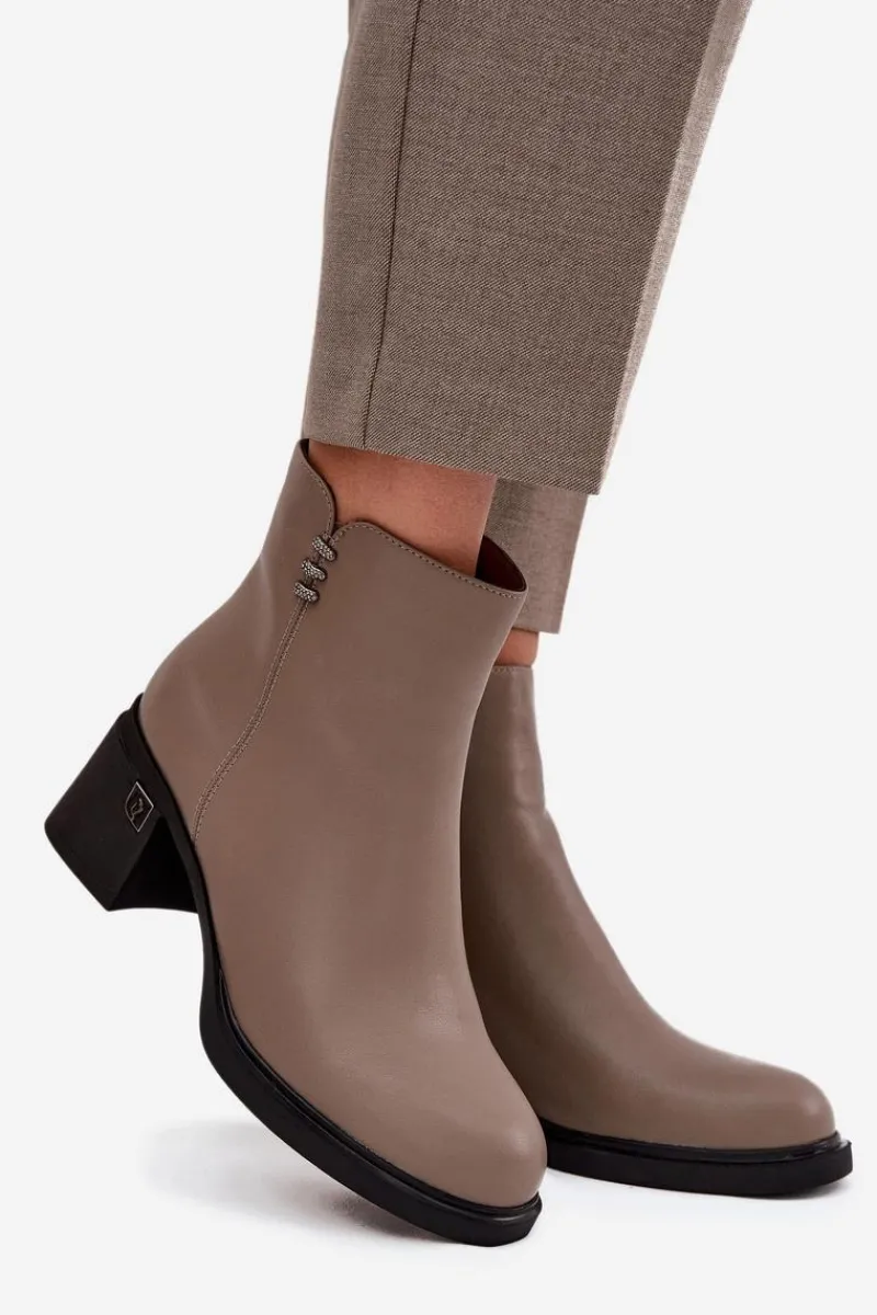 Clearance Skórzane Ocieplane Botki Damskie Na Klocku Vinceza 91159 Ciemnobeżowe Damskie Botki Ocieplane|Botki Skórzane