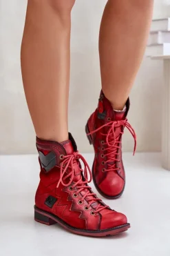 Outlet Skórzane Ocieplane Botki Damskie Na Płaskim Obcasie 06106-08 Czerwone Damskie Botki Maciejka|Botki Skórzane