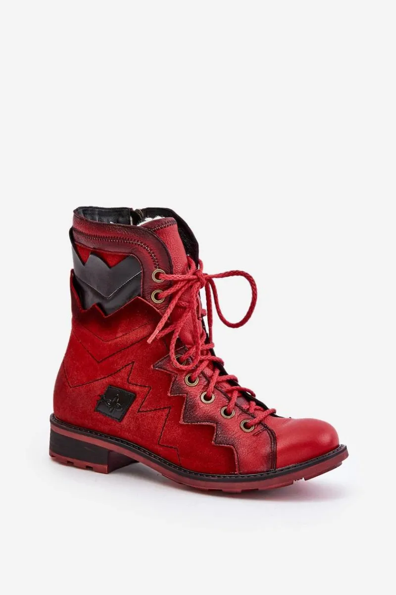 Outlet Skórzane Ocieplane Botki Damskie Na Płaskim Obcasie 06106-08 Czerwone Damskie Botki Maciejka|Botki Skórzane