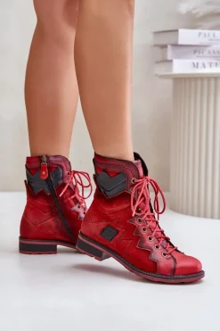 Outlet Skórzane Ocieplane Botki Damskie Na Płaskim Obcasie 06106-08 Czerwone Damskie Botki Maciejka|Botki Skórzane