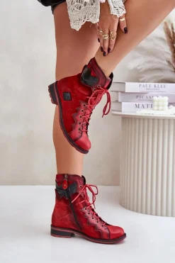 Outlet Skórzane Ocieplane Botki Damskie Na Płaskim Obcasie 06106-08 Czerwone Damskie Botki Maciejka|Botki Skórzane