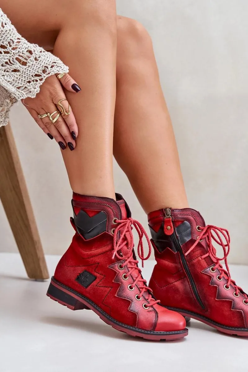 Outlet Skórzane Ocieplane Botki Damskie Na Płaskim Obcasie 06106-08 Czerwone Damskie Botki Maciejka|Botki Skórzane