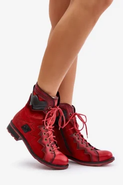 Outlet Skórzane Ocieplane Botki Damskie Na Płaskim Obcasie 06106-08 Czerwone Damskie Botki Maciejka|Botki Skórzane