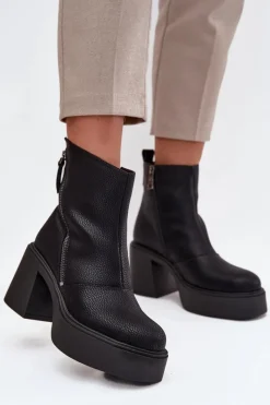 Sale Buty damskie Vinceza Skórzane Ocieplane Botki Damskie Na Słupku I Platformie Vinceza 66831 Czarne