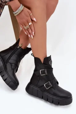 Sale Skórzane Ocieplane Botki Damskie Na Platformie Z Klamrami Vinceza 66842 Czarne Damskie Botki Ocieplane|Botki Skórzane